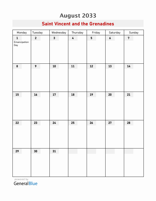 Saint Vincent and the Grenadines August 2033 Calendar with Holidays