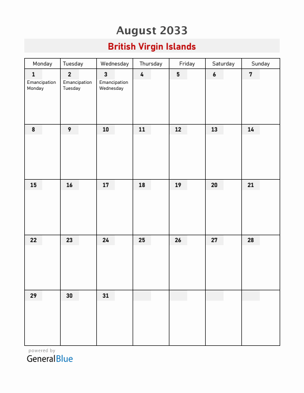 British Virgin Islands August 2033 Calendar with Holidays