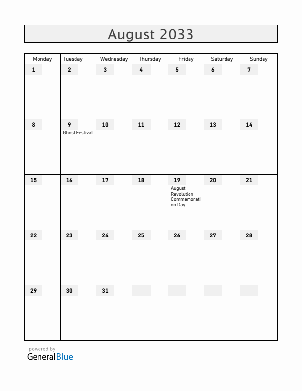 Vietnam August 2033 Calendar with Holidays