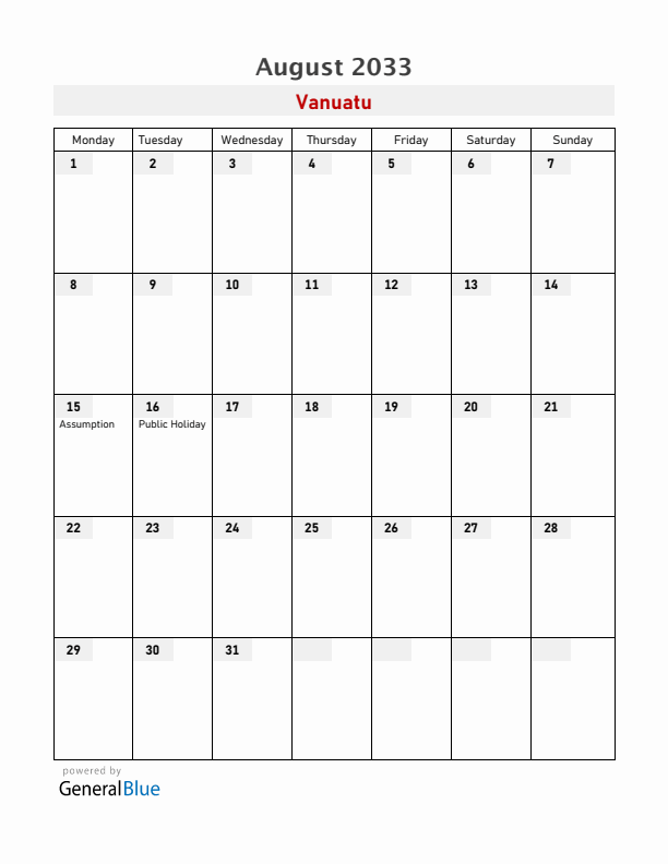 Vanuatu August 2033 Calendar with Holidays