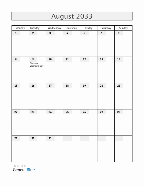 South Africa August 2033 Calendar with Holidays