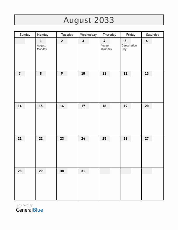 Anguilla August 2033 Calendar with Holidays