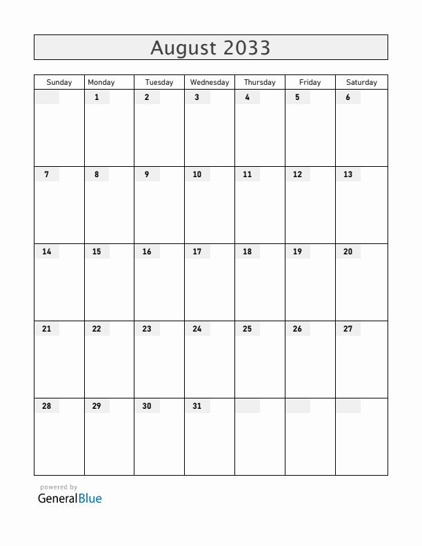 Albania August 2033 Calendar with Holidays