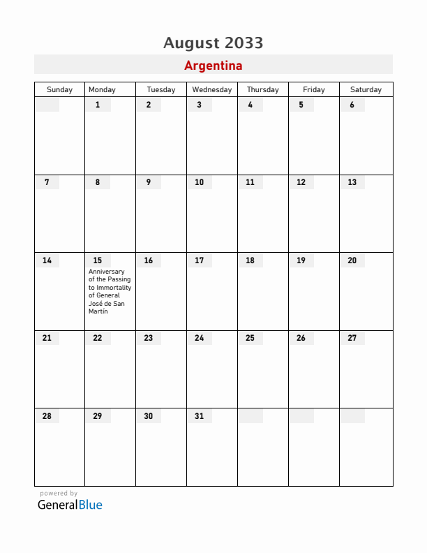 Argentina August 2033 Calendar with Holidays