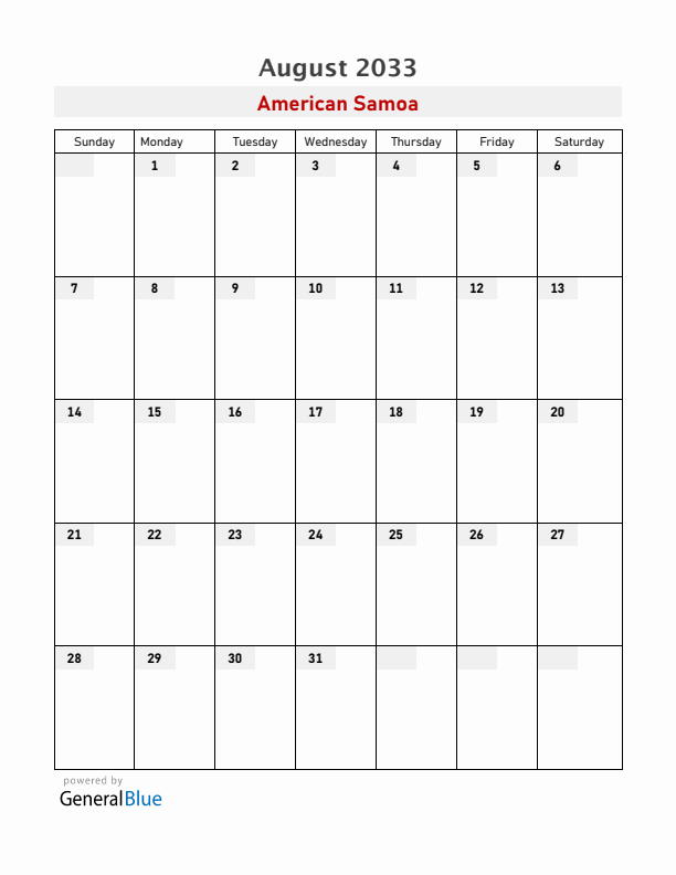 American Samoa August 2033 Calendar with Holidays