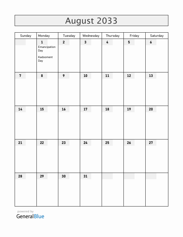 Barbados August 2033 Calendar with Holidays