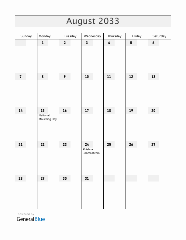Bangladesh August 2033 Calendar with Holidays