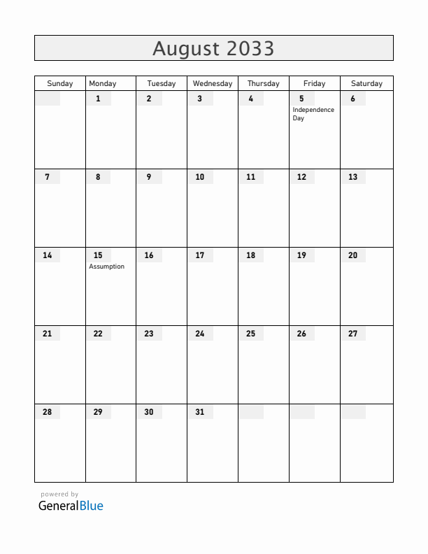 Burkina Faso August 2033 Calendar with Holidays