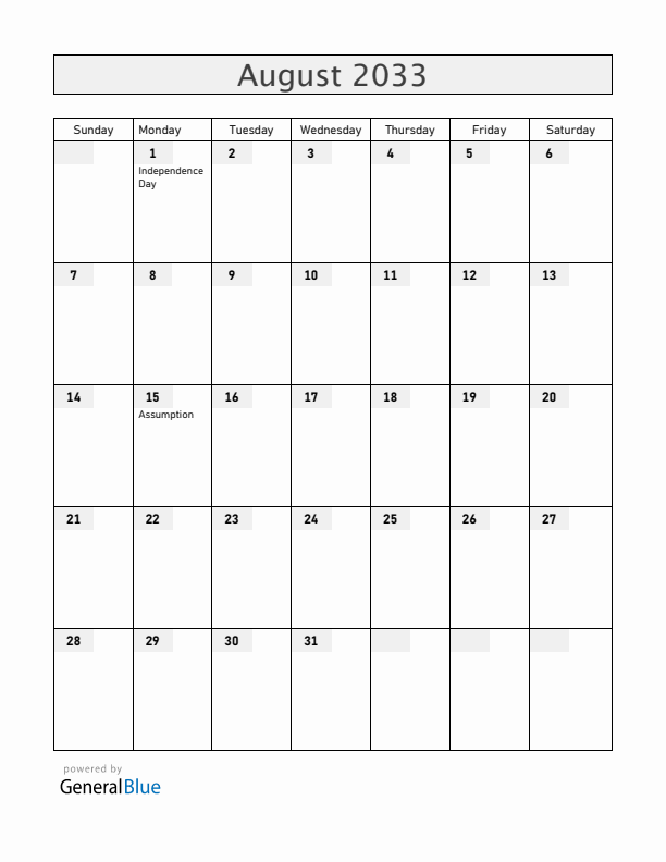 Benin August 2033 Calendar with Holidays