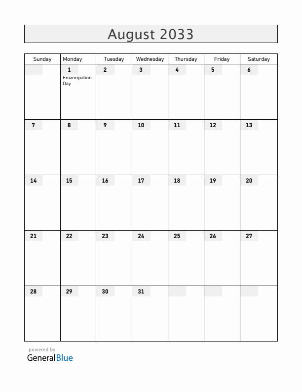 Bahamas August 2033 Calendar with Holidays