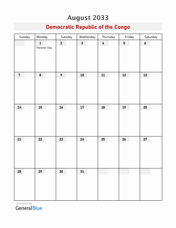 Democratic Republic of the Congo August 2033 Calendar with Holidays