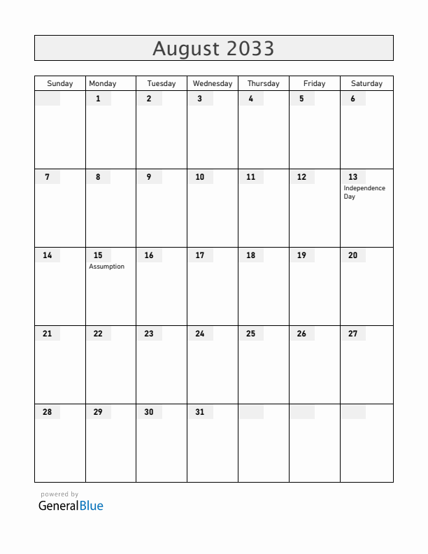 Central African Republic August 2033 Calendar with Holidays