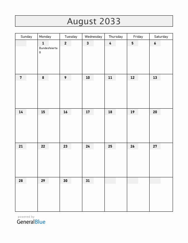 Switzerland August 2033 Calendar with Holidays