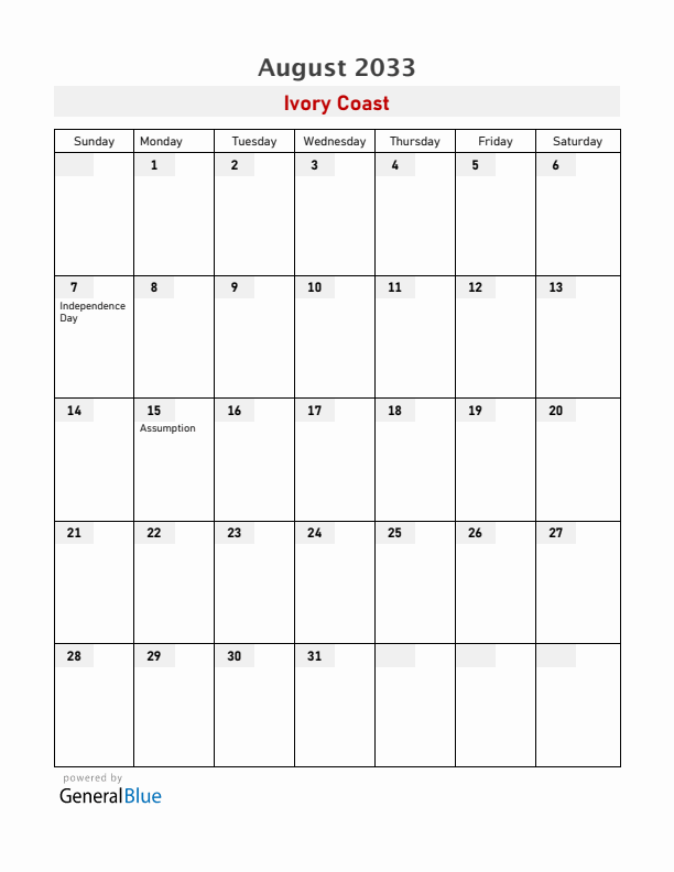 Ivory Coast August 2033 Calendar with Holidays