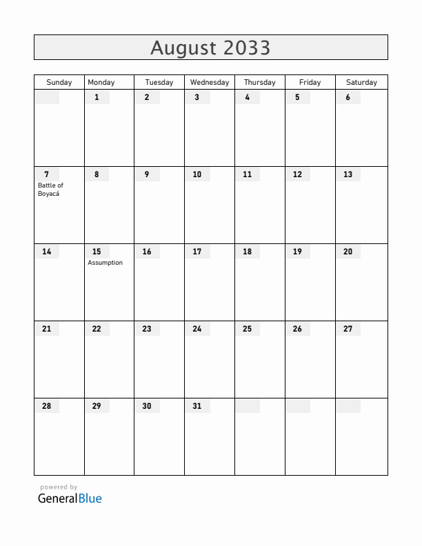 Colombia August 2033 Calendar with Holidays
