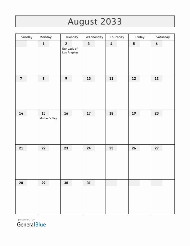 Costa Rica August 2033 Calendar with Holidays