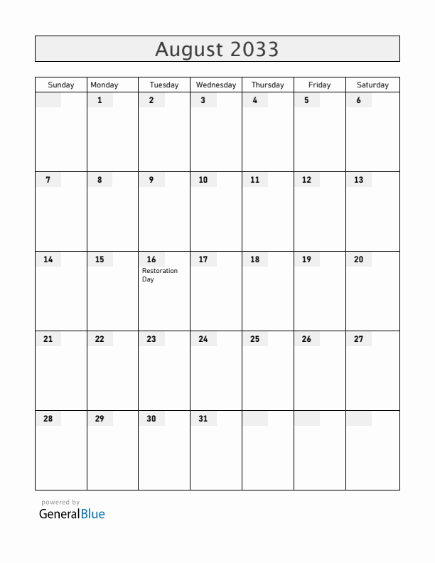 Dominican Republic August 2033 Calendar with Holidays