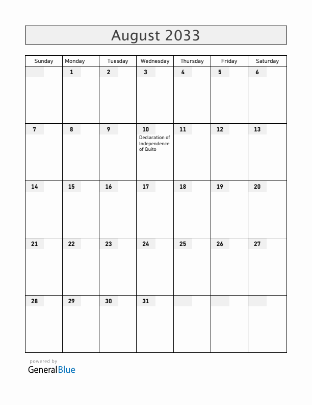 Ecuador August 2033 Calendar with Holidays