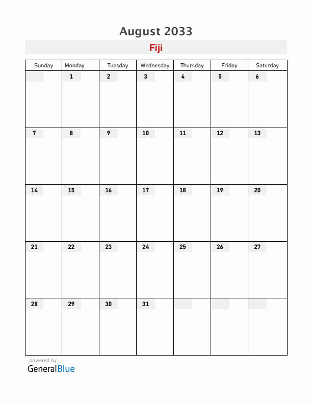 Fiji August 2033 Calendar with Holidays