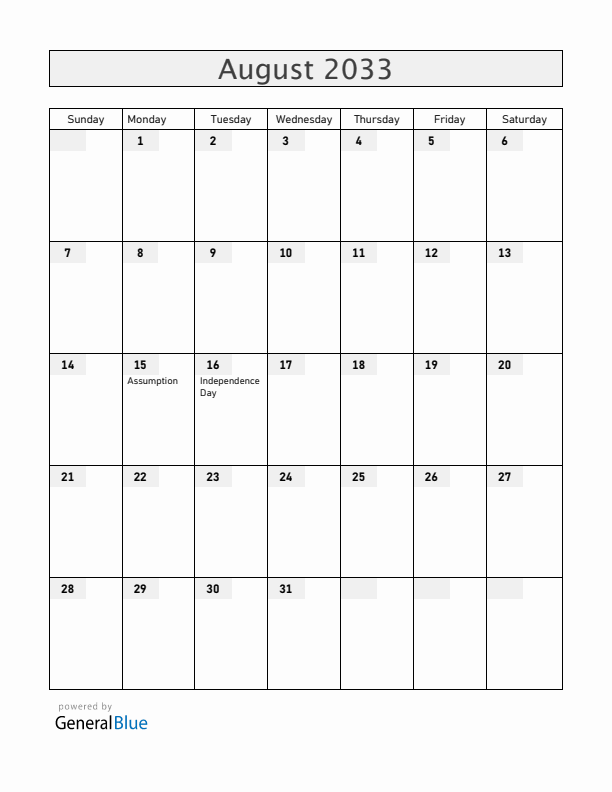 Gabon August 2033 Calendar with Holidays