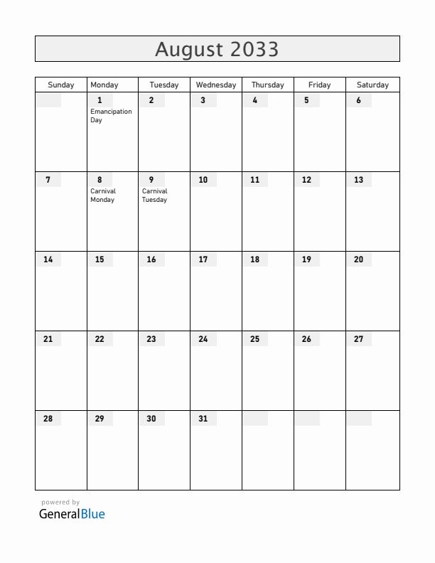 Grenada August 2033 Calendar with Holidays