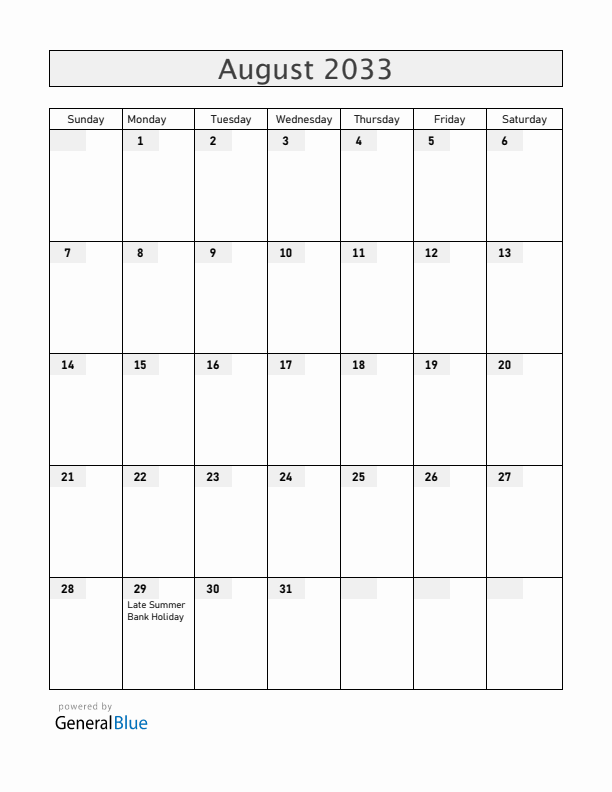Gibraltar August 2033 Calendar with Holidays
