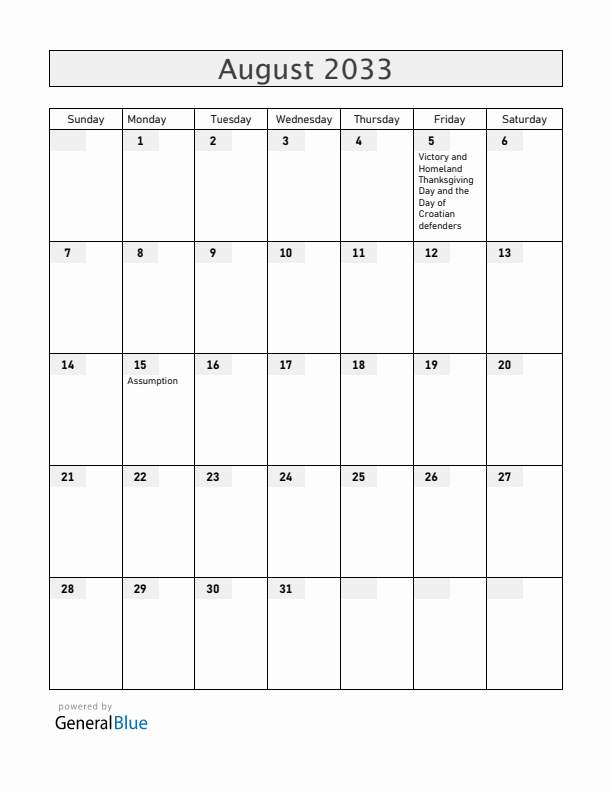 Croatia August 2033 Calendar with Holidays