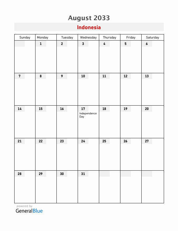 Indonesia August 2033 Calendar with Holidays