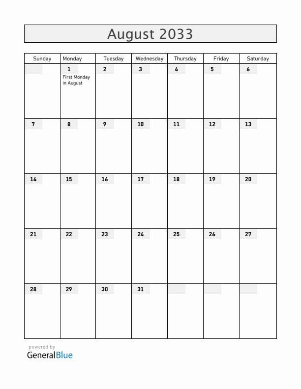 Ireland August 2033 Calendar with Holidays