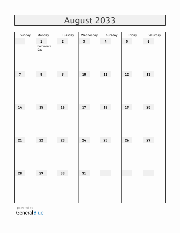 Iceland August 2033 Calendar with Holidays