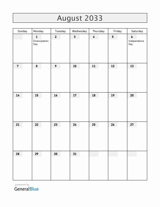 Jamaica August 2033 Calendar with Holidays