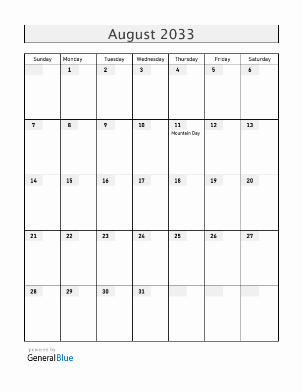 Japan August 2033 Calendar with Holidays