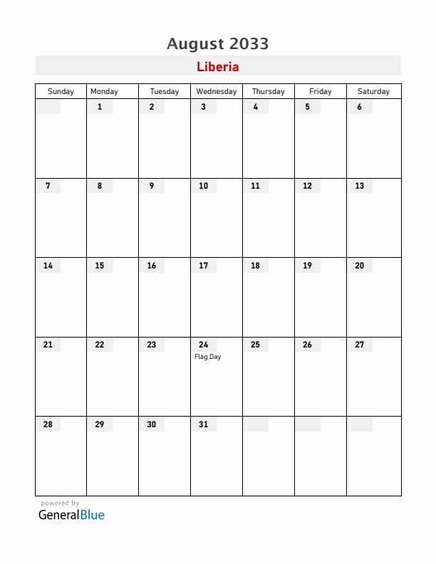 Liberia August 2033 Calendar with Holidays