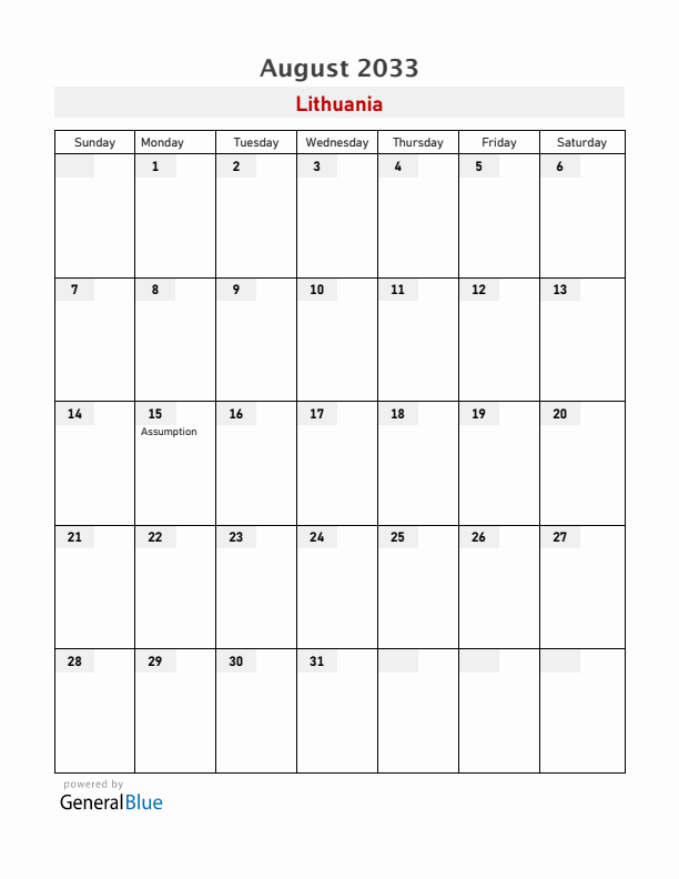Lithuania August 2033 Calendar with Holidays