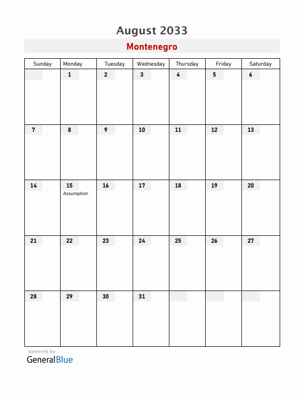 Montenegro August 2033 Calendar with Holidays