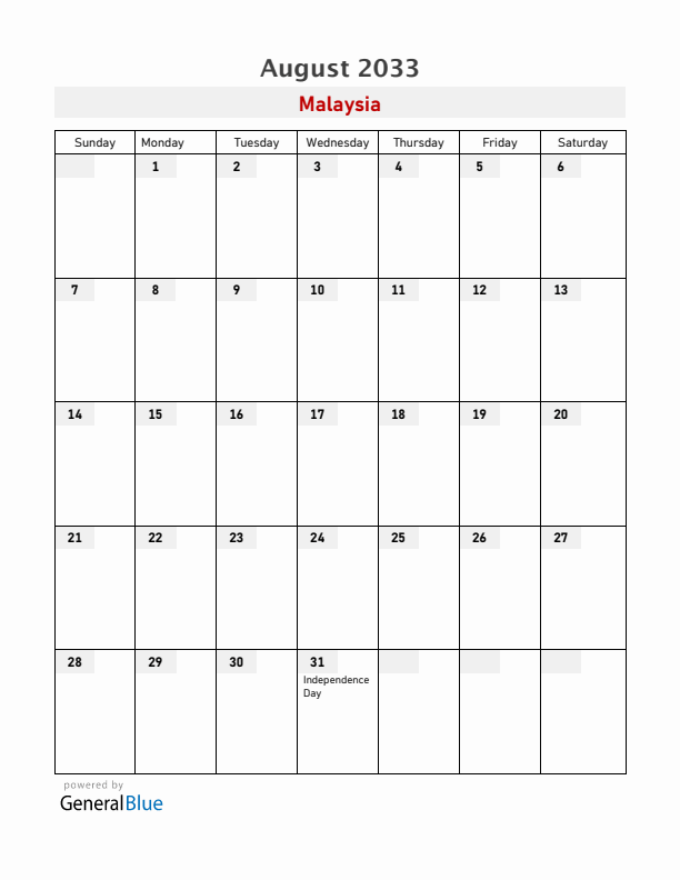 Malaysia August 2033 Calendar with Holidays