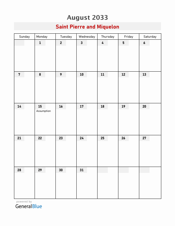 Saint Pierre and Miquelon August 2033 Calendar with Holidays