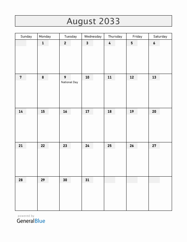 Singapore August 2033 Calendar with Holidays
