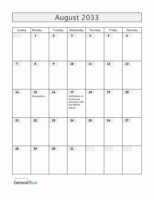 Slovenia August 2033 Calendar with Holidays
