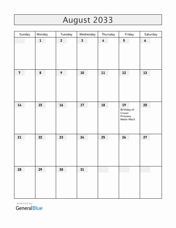 Svalbard and Jan Mayen August 2033 Calendar with Holidays