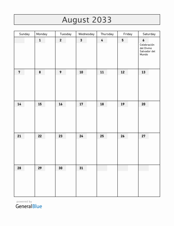 El Salvador August 2033 Calendar with Holidays