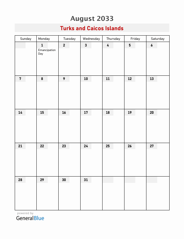 Turks and Caicos Islands August 2033 Calendar with Holidays