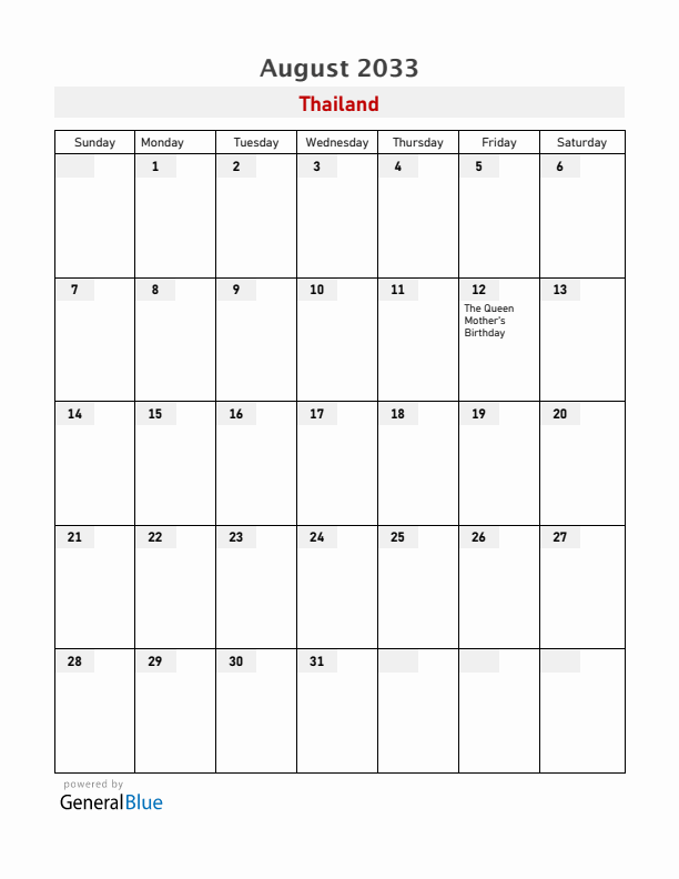 Thailand August 2033 Calendar with Holidays