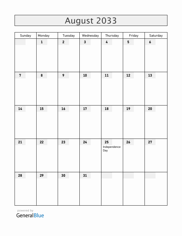 Uruguay August 2033 Calendar with Holidays
