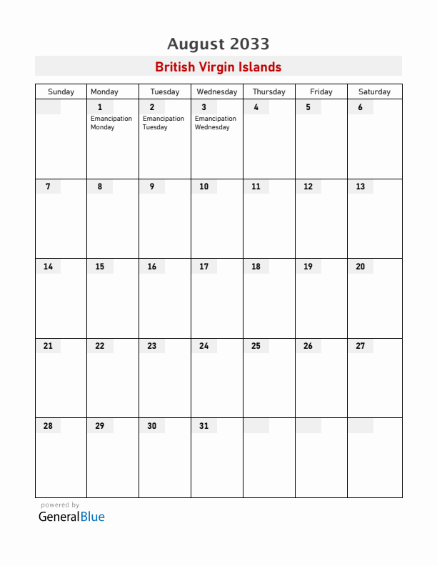 British Virgin Islands August 2033 Calendar with Holidays