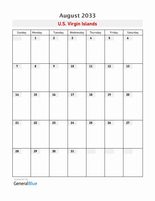 U.S. Virgin Islands August 2033 Calendar with Holidays