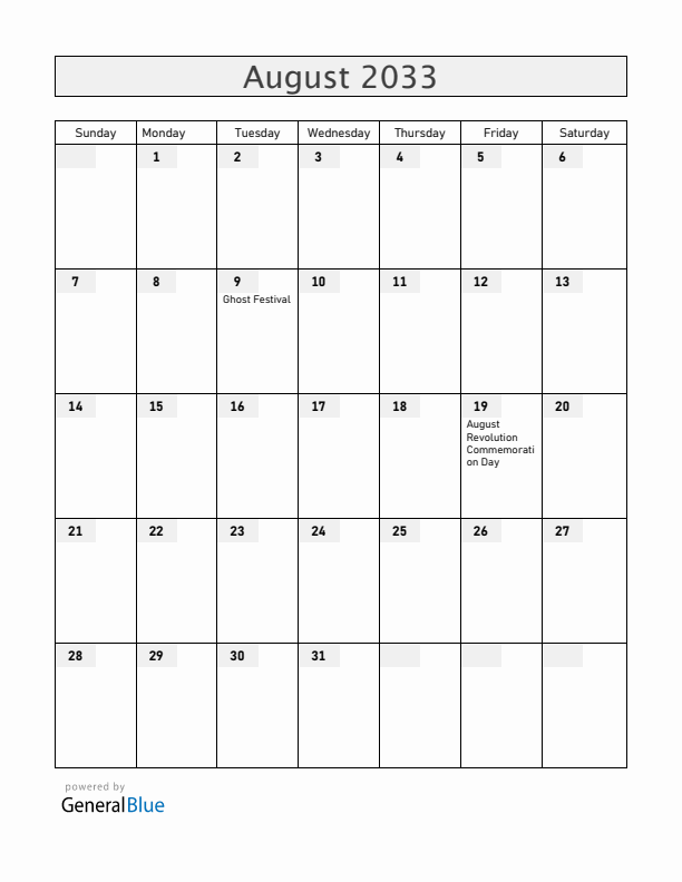 Vietnam August 2033 Calendar with Holidays