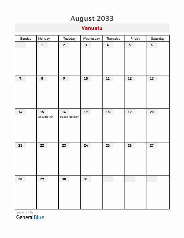 Vanuatu August 2033 Calendar with Holidays
