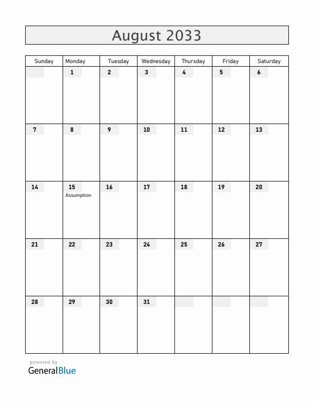 Mayotte August 2033 Calendar with Holidays