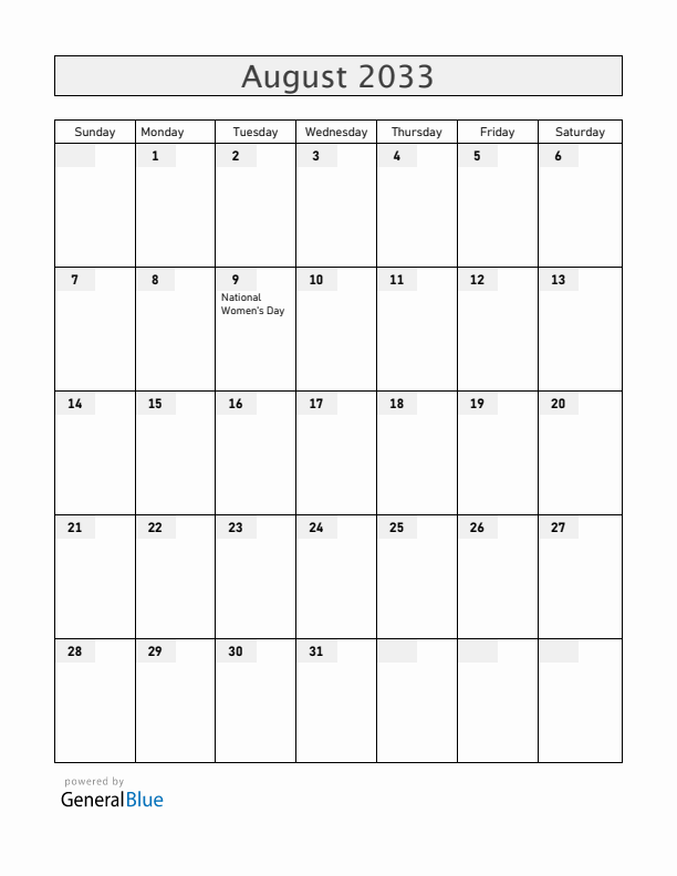 South Africa August 2033 Calendar with Holidays